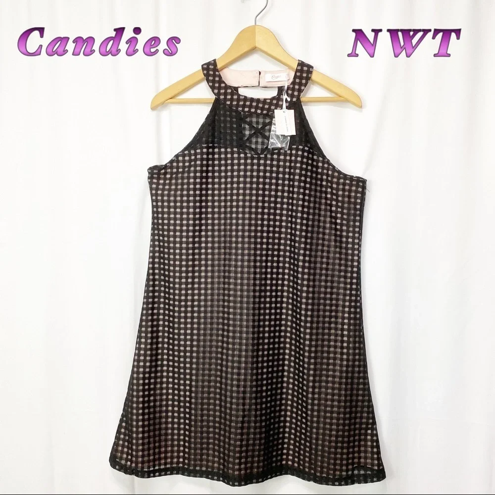 NWT-Candies-Black Semi Sheer Overlay Pink Dress L - Picture 1 of 12